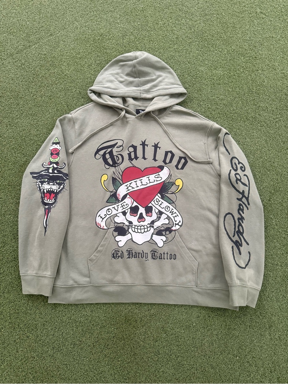 RARE MODERN VINTAGE ED HARDY GREEN GRAPHIC TRENDY EMO GOTH TATTOO HOODIE